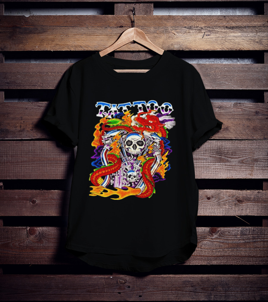 Tattoo Brand Dragon Skull Motorcycle Engine Flames T-Shirt