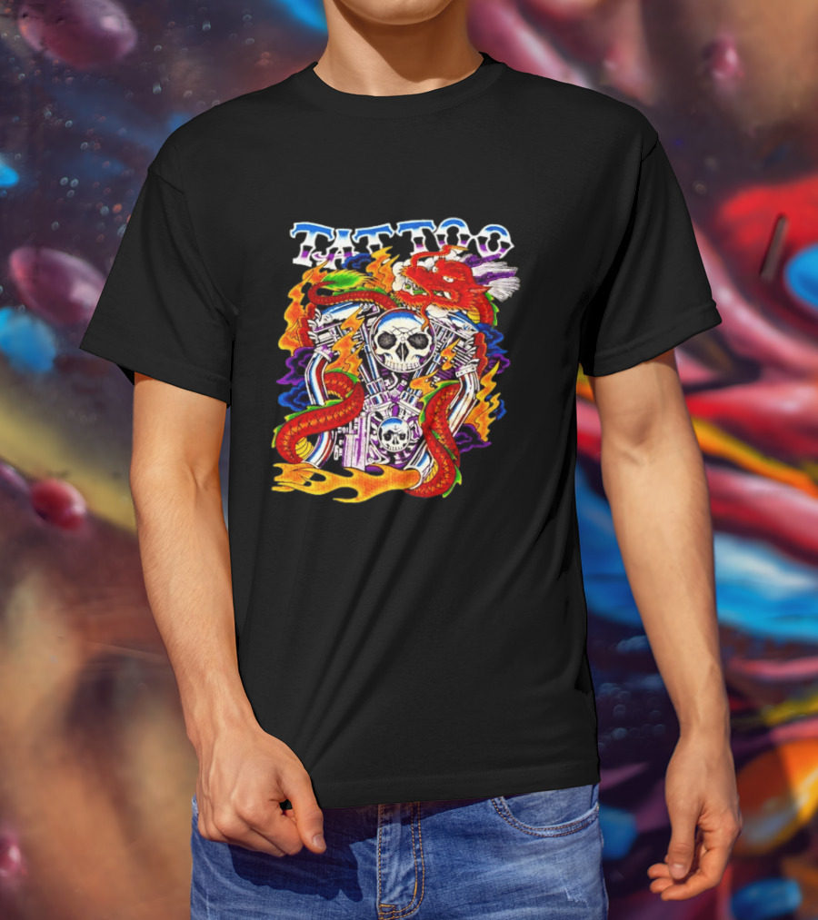 Tattoo Brand Dragon Skull Motorcycle Engine Flames T-Shirt