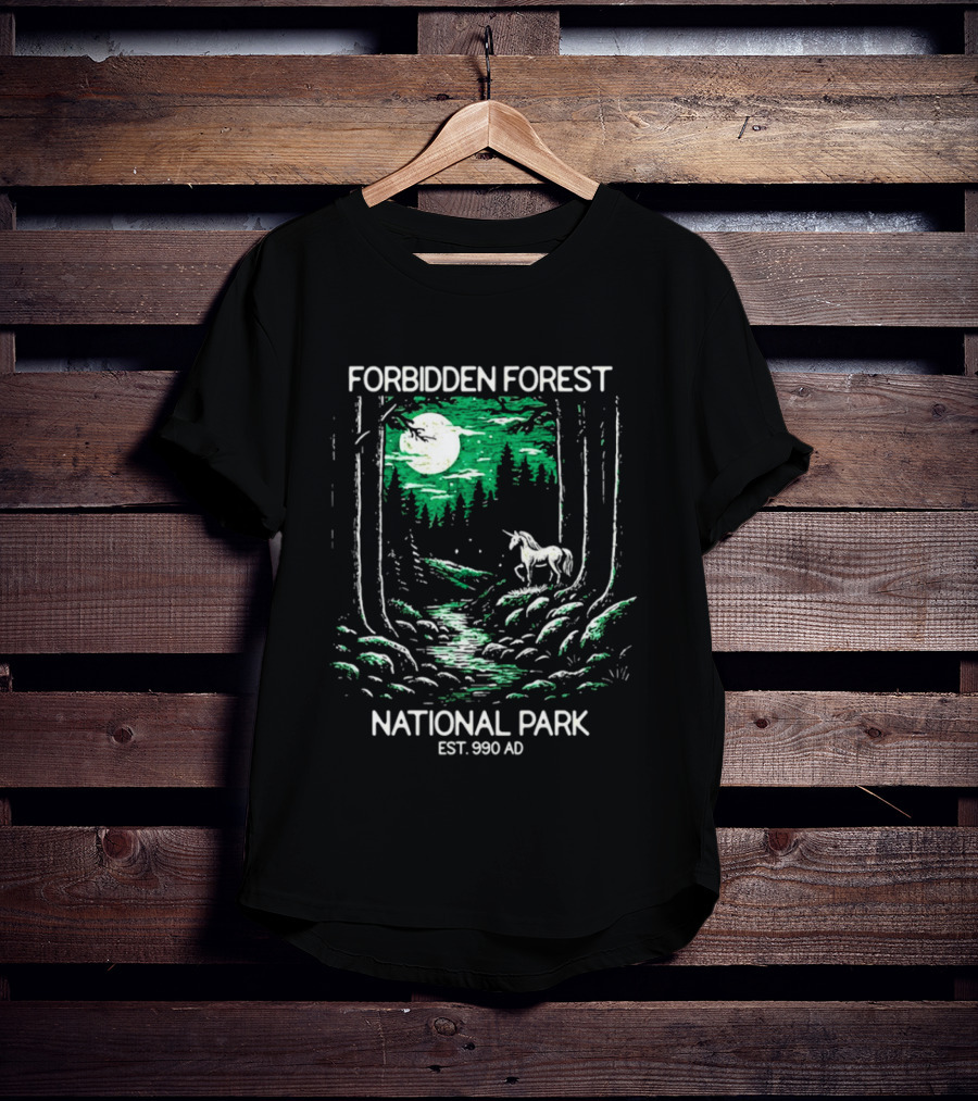 Forbidden Forest National Park Est 990 AD Moonlit Unicorn Scene T-Shirt