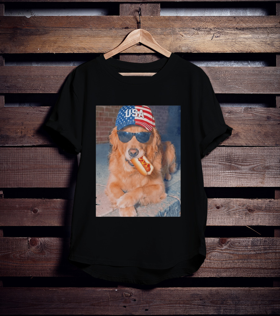 Golden Retriever With USA Hat Eating Hot Dog American Flag 4th Of July T-Shirt
