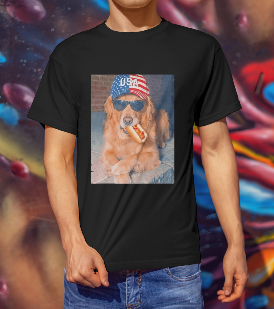 Golden Retriever With USA Hat Eating Hot Dog American Flag 4th Of July T-Shirt
