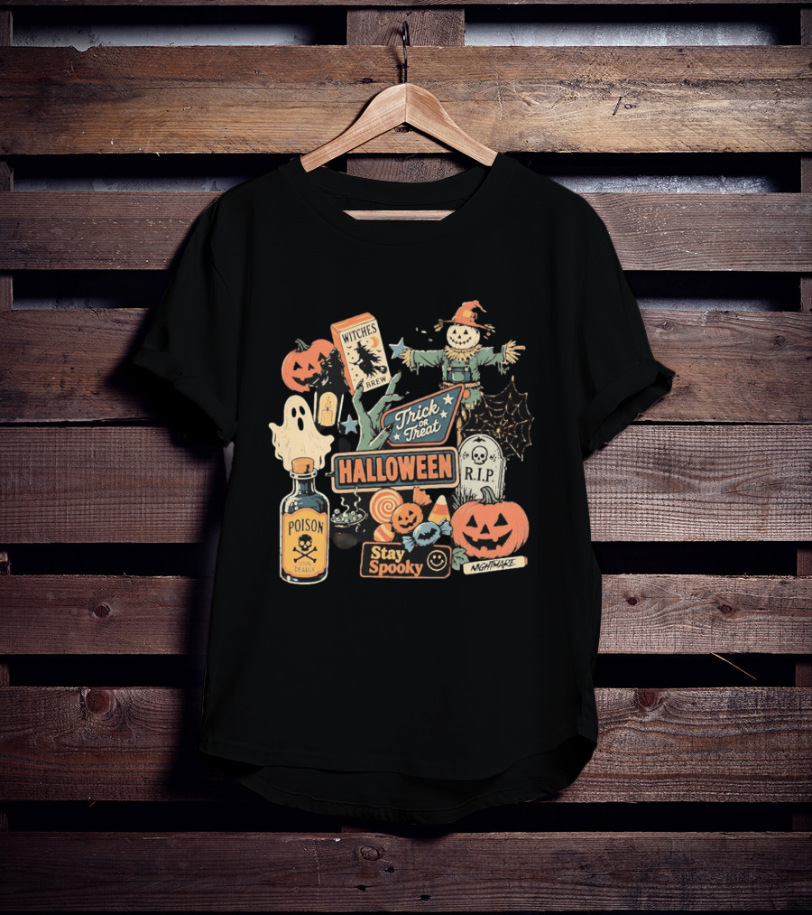 Halloween Trick Or Treat Stay Spooky Witches Brew Poison Nightmare R.I.P Ghost Pumpkins T-Shirt