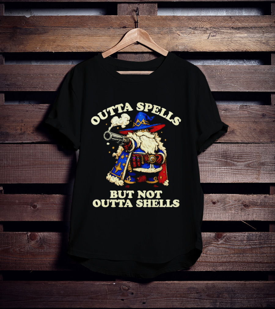Outta Spells But Not Outta Shells Wizard With Shotgun Retro Magic Humor T-Shirt
