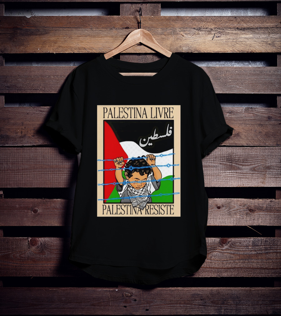 Palestina Livre Resistência Criança Frente Bandeira Arame Farpado T-Shirt
