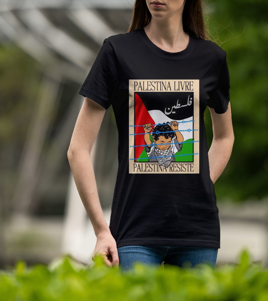 Palestina Livre Resistência Criança Frente Bandeira Arame Farpado T-Shirt