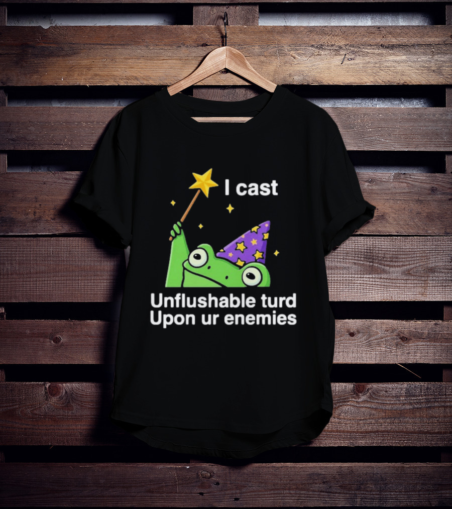 I Cast Unflushable Turd Upon Ur Enemies Frog Wizard Wand Stars Purple Hat T-Shirt