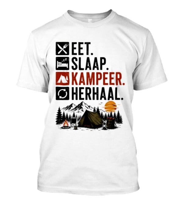 Eet Slaap Kampeer Herhaal Camping Tent Mountains Campfire Sunset T-Shirt