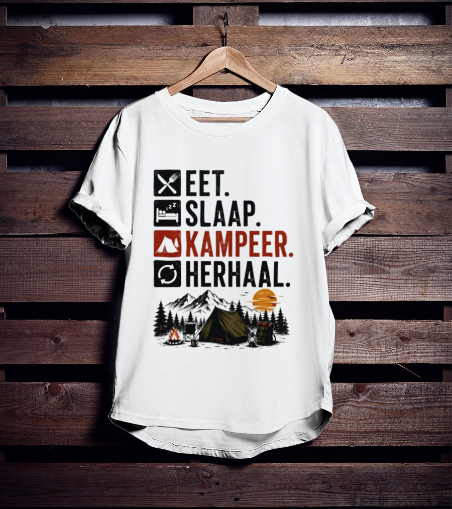 Eet Slaap Kampeer Herhaal Camping Tent Mountains Campfire Sunset T-Shirt