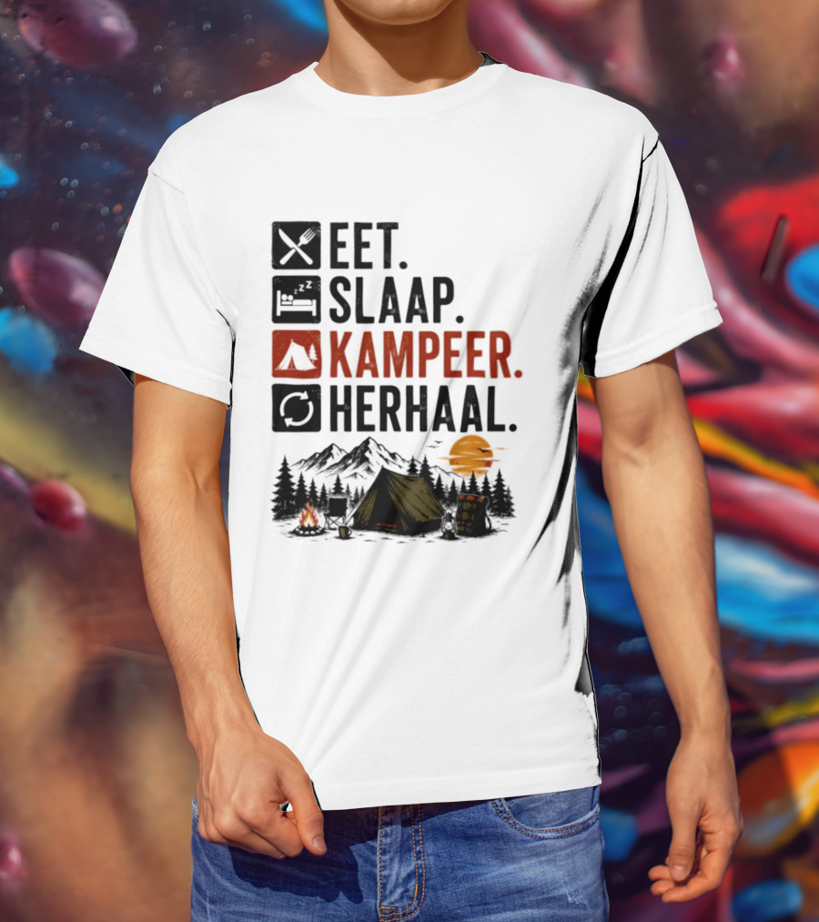 Eet Slaap Kampeer Herhaal Camping Tent Mountains Campfire Sunset T-Shirt