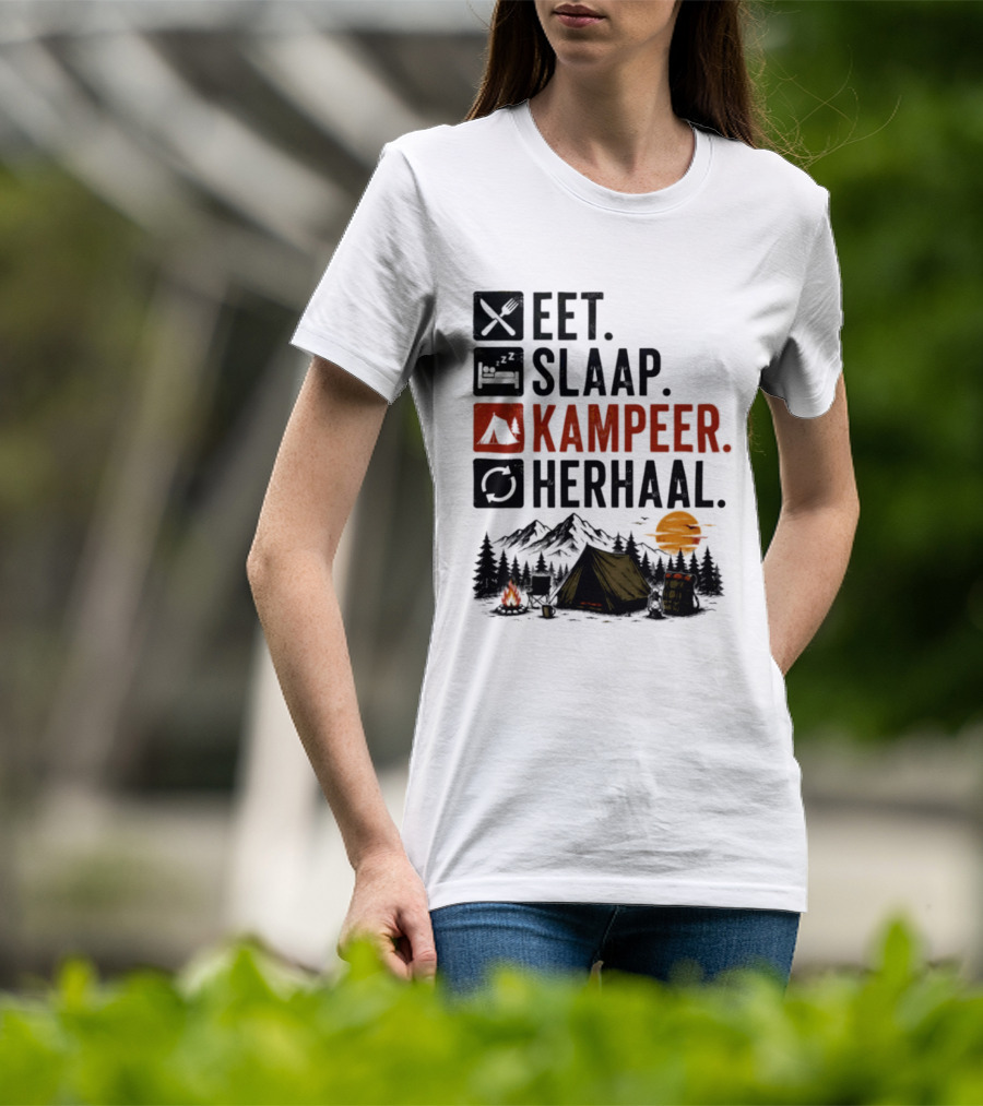 Eet Slaap Kampeer Herhaal Camping Tent Mountains Campfire Sunset T-Shirt