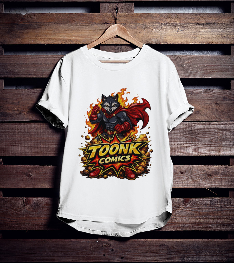 Toonk Comics Superhero Raccoon With Fiery Cape T-Shirt