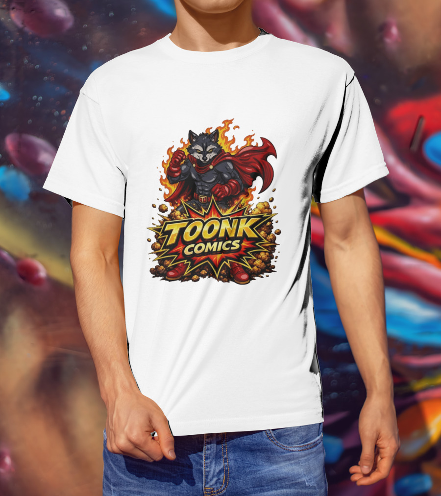 Toonk Comics Superhero Raccoon With Fiery Cape T-Shirt