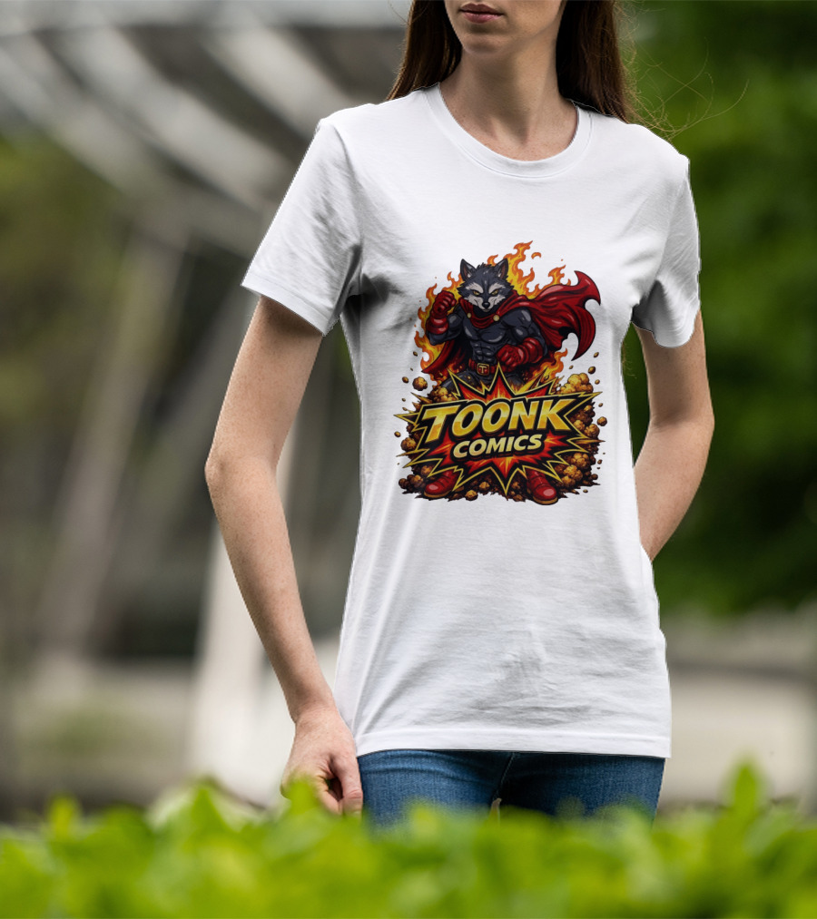Toonk Comics Superhero Raccoon With Fiery Cape T-Shirt