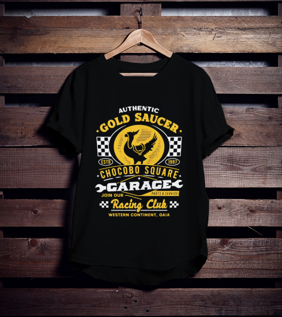 Authentic Gold Saucer Chocobo Square Garage Parts Service Racing Club Western Continent QUA T-Shirt