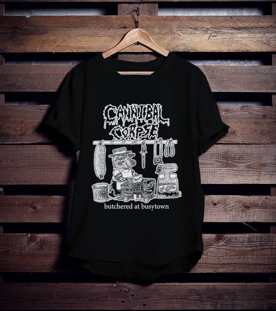 Cannibal Corpse Butchered At Busytown Graphic With Cartoon Butcher Scene T-Shirt