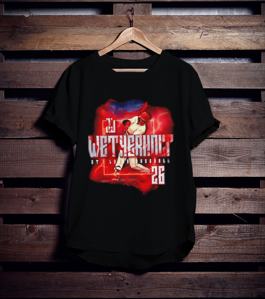 JJ Wetherholt 26 St. Louis Baseball Slugger Swing Lightning T-Shirt