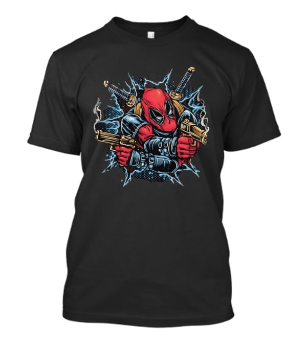 Deadpool Mercenary Dual Pistols And Katanas Action Scene T-Shirt