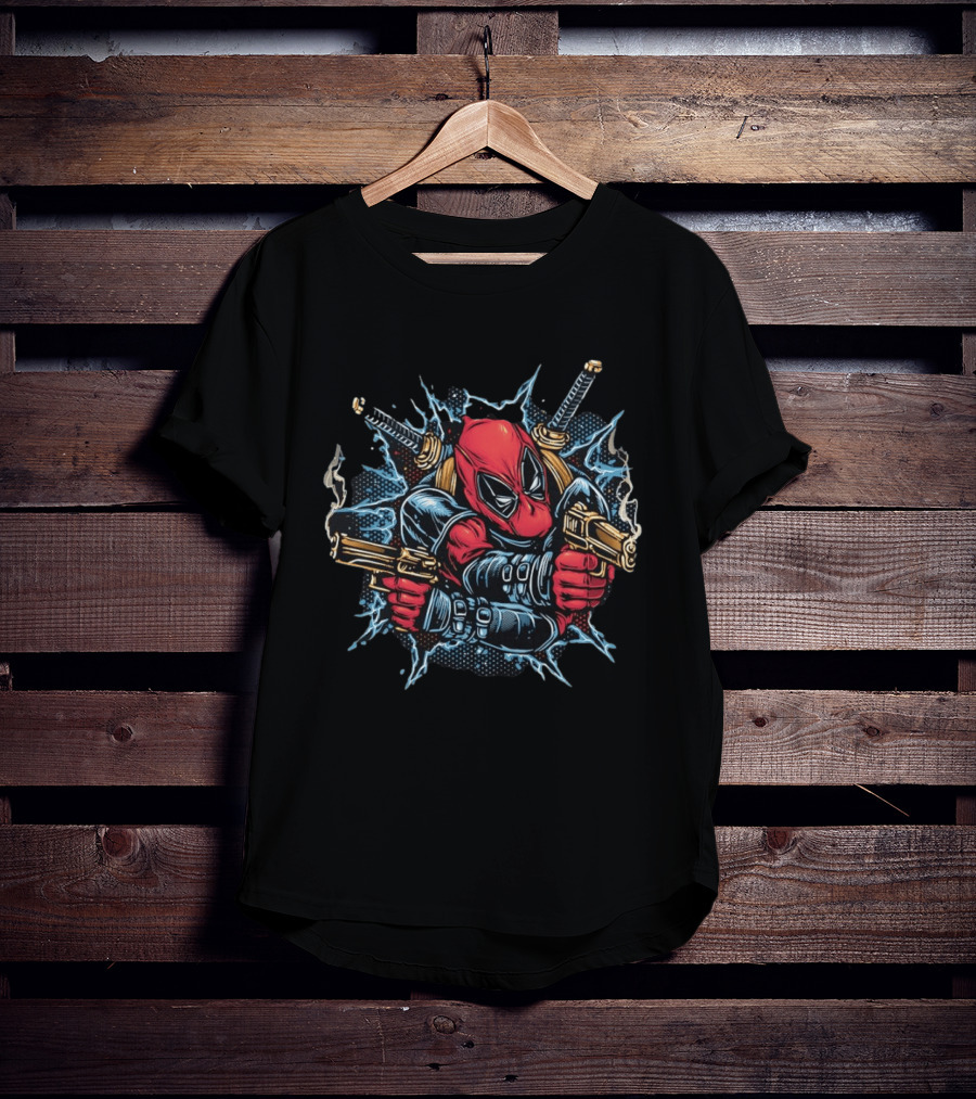 Deadpool Mercenary Dual Pistols And Katanas Action Scene T-Shirt