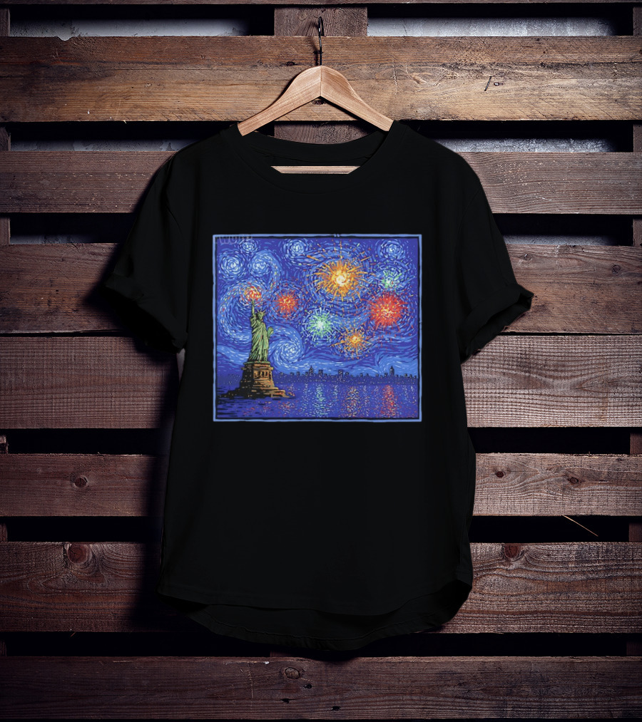 Fireworks Over Statue Of Liberty In Van Gogh Starry Night T-Shirt