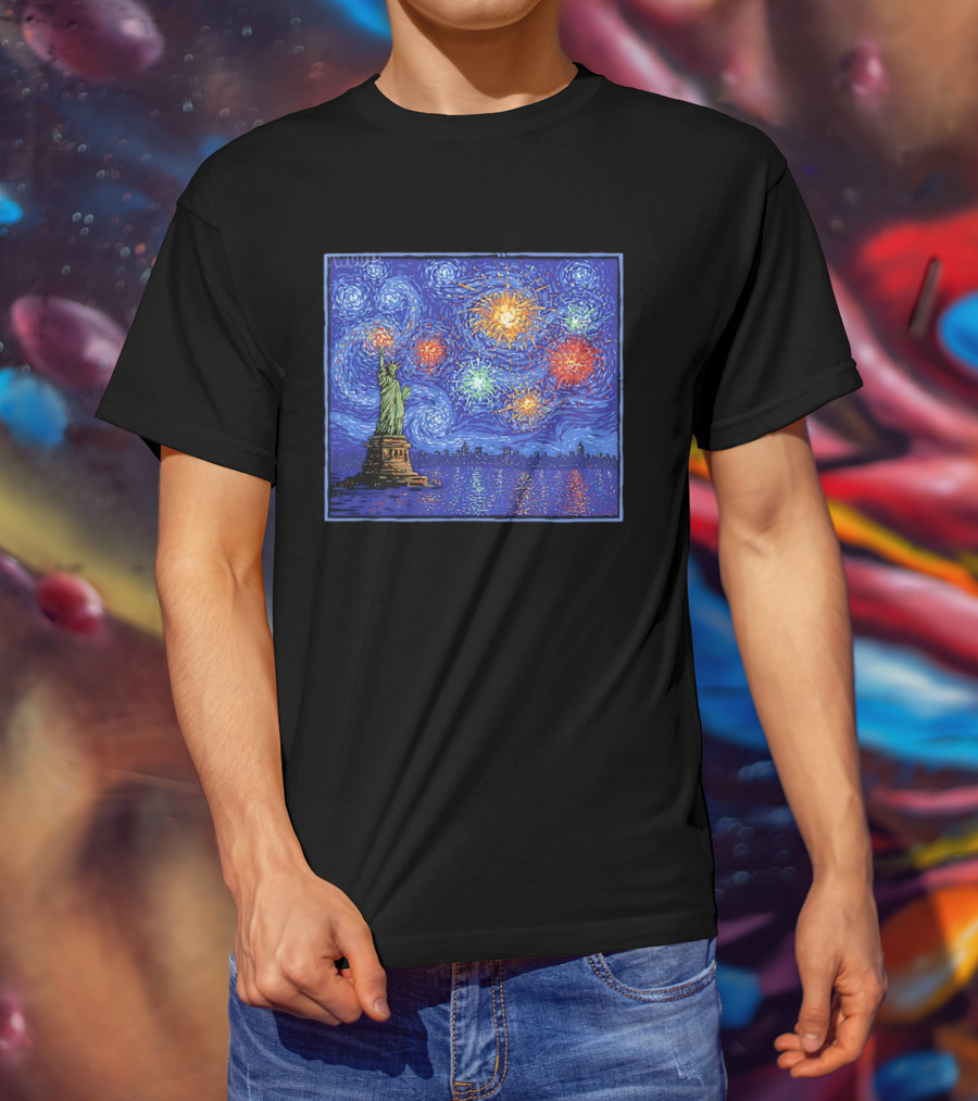 Fireworks Over Statue Of Liberty In Van Gogh Starry Night T-Shirt