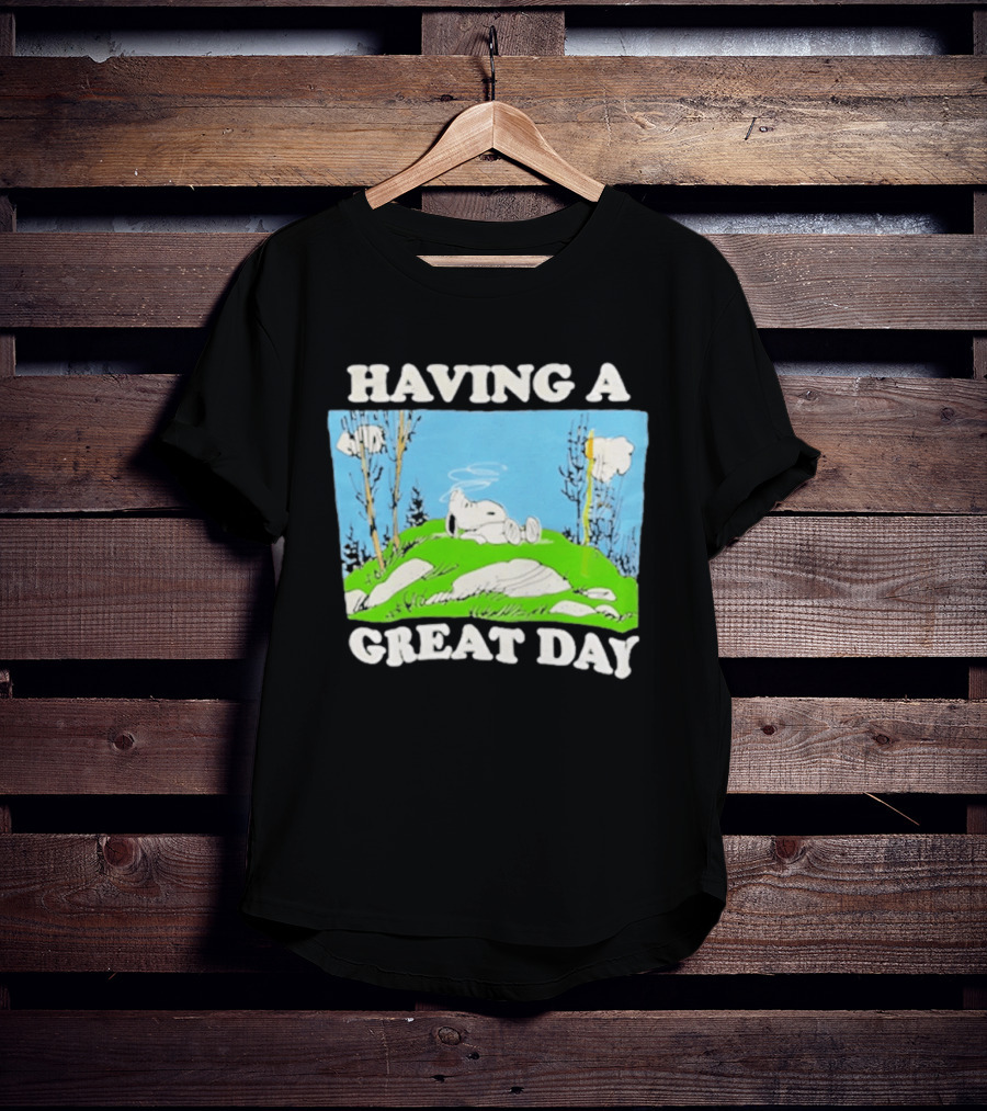 Snoopy Having A Great Day Relaxing On The Green Hill With Blue Sky And Clouds T-Shirt