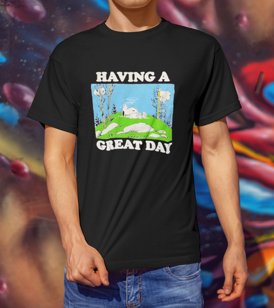 Snoopy Having A Great Day Relaxing On The Green Hill With Blue Sky And Clouds T-Shirt