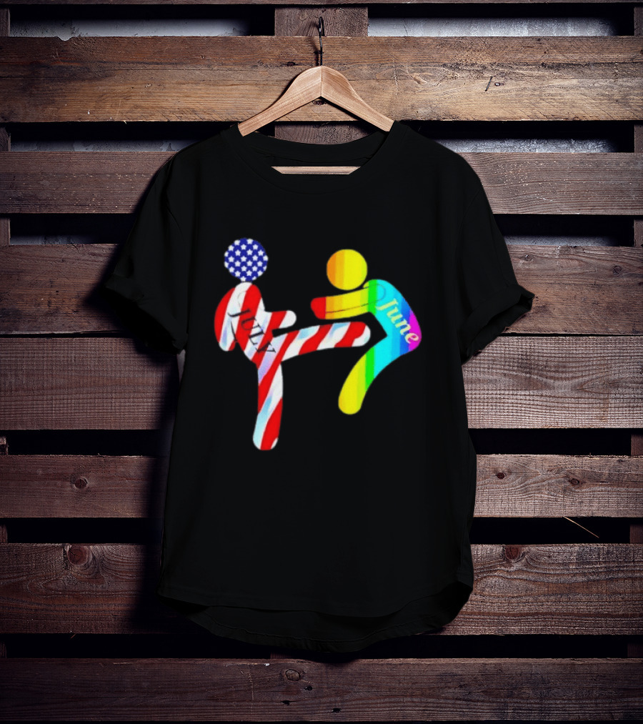 July Independence Kick With June Pride Month Rainbow Flag USA Stars And Stripes T-Shirt