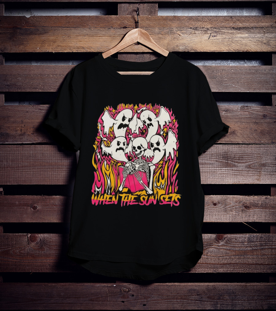 When The Sun Sets Ghost And Skeleton Illustration With Vibrant Pink And Yellow Flames T-Shirt