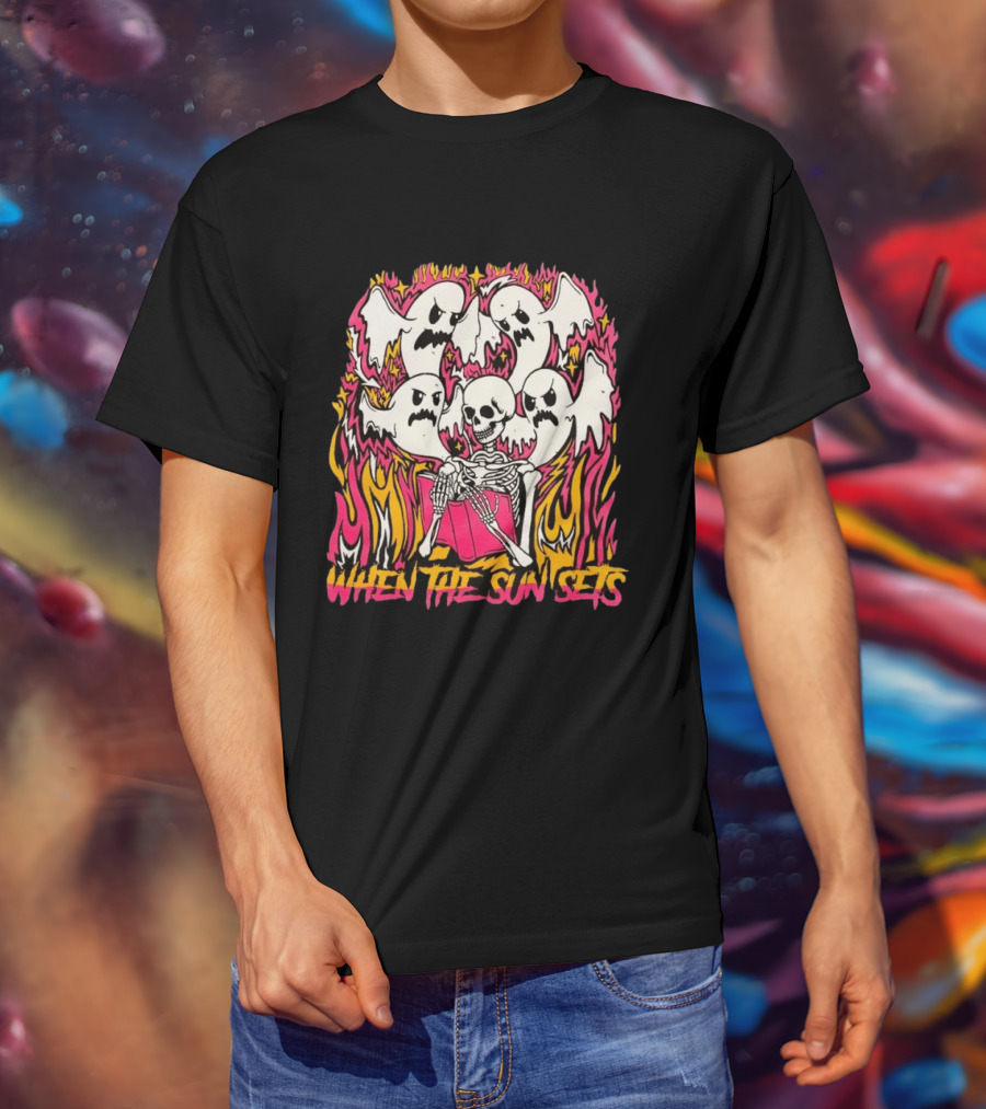 When The Sun Sets Ghost And Skeleton Illustration With Vibrant Pink And Yellow Flames T-Shirt