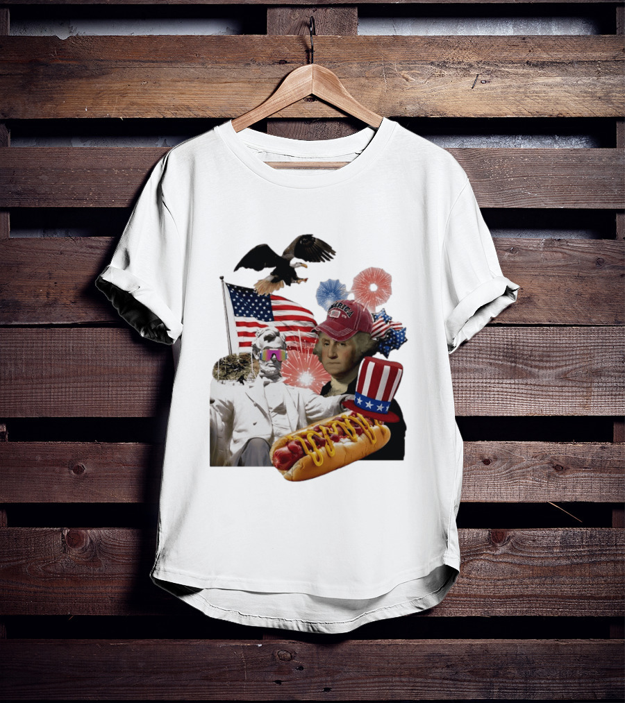 Merica Abraham Lincoln George Washington Hot Dog Eagle Fireworks Patriotic Celebration T-Shirt