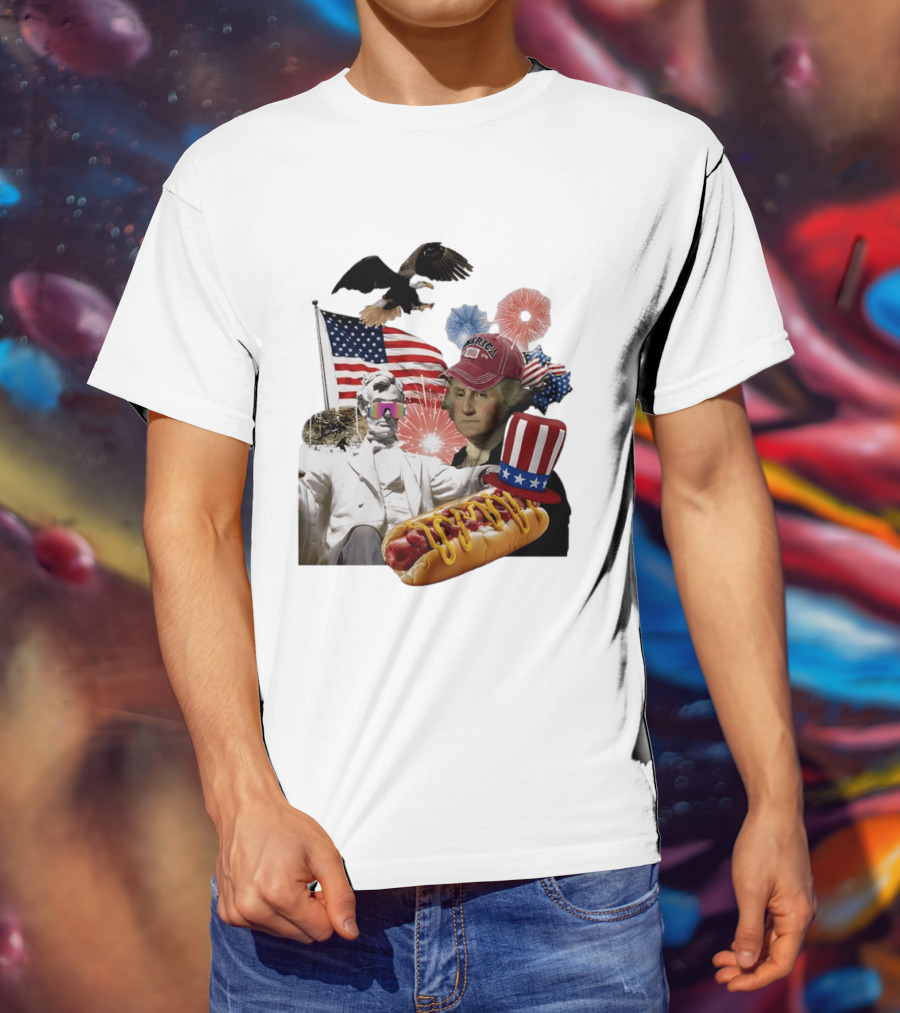 Merica Abraham Lincoln George Washington Hot Dog Eagle Fireworks Patriotic Celebration T-Shirt