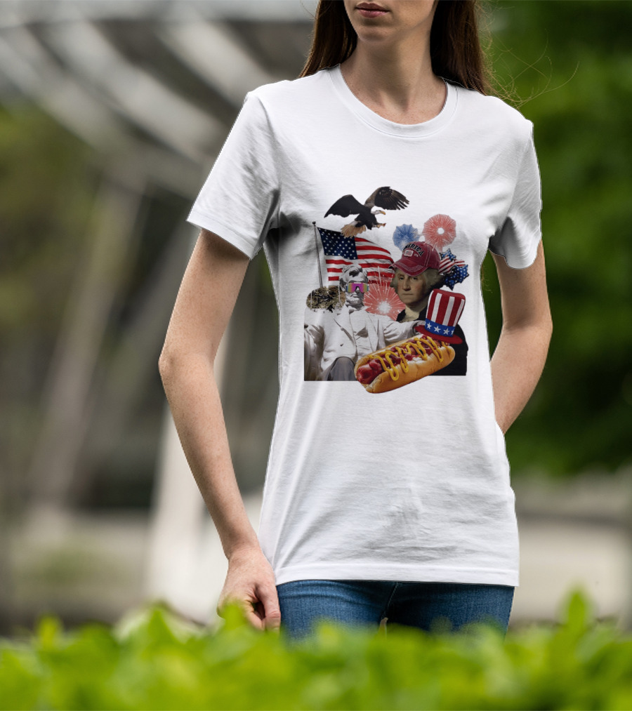 Merica Abraham Lincoln George Washington Hot Dog Eagle Fireworks Patriotic Celebration T-Shirt