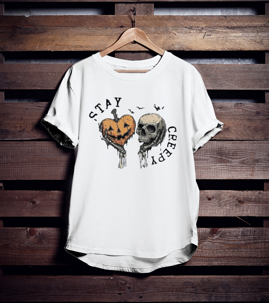 Stay Creepy Pumpkin Skull Halloween Spooky Skeleton Hands T-Shirt