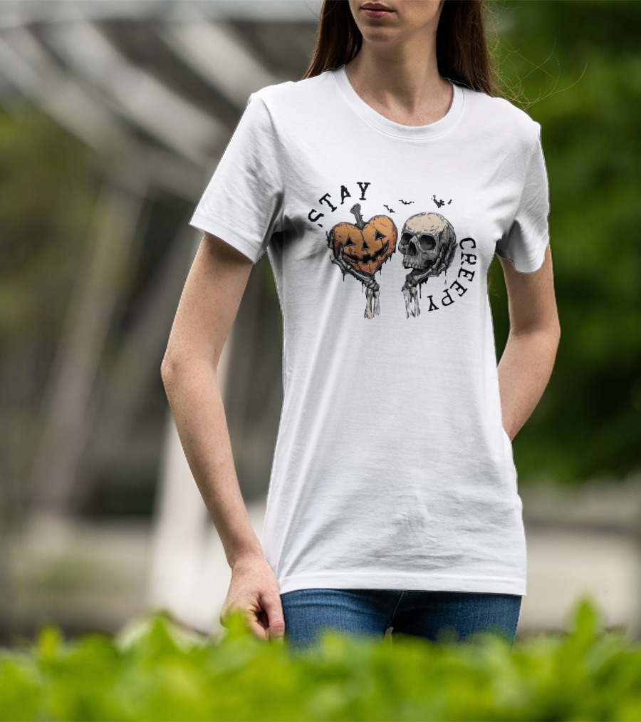 Stay Creepy Pumpkin Skull Halloween Spooky Skeleton Hands T-Shirt