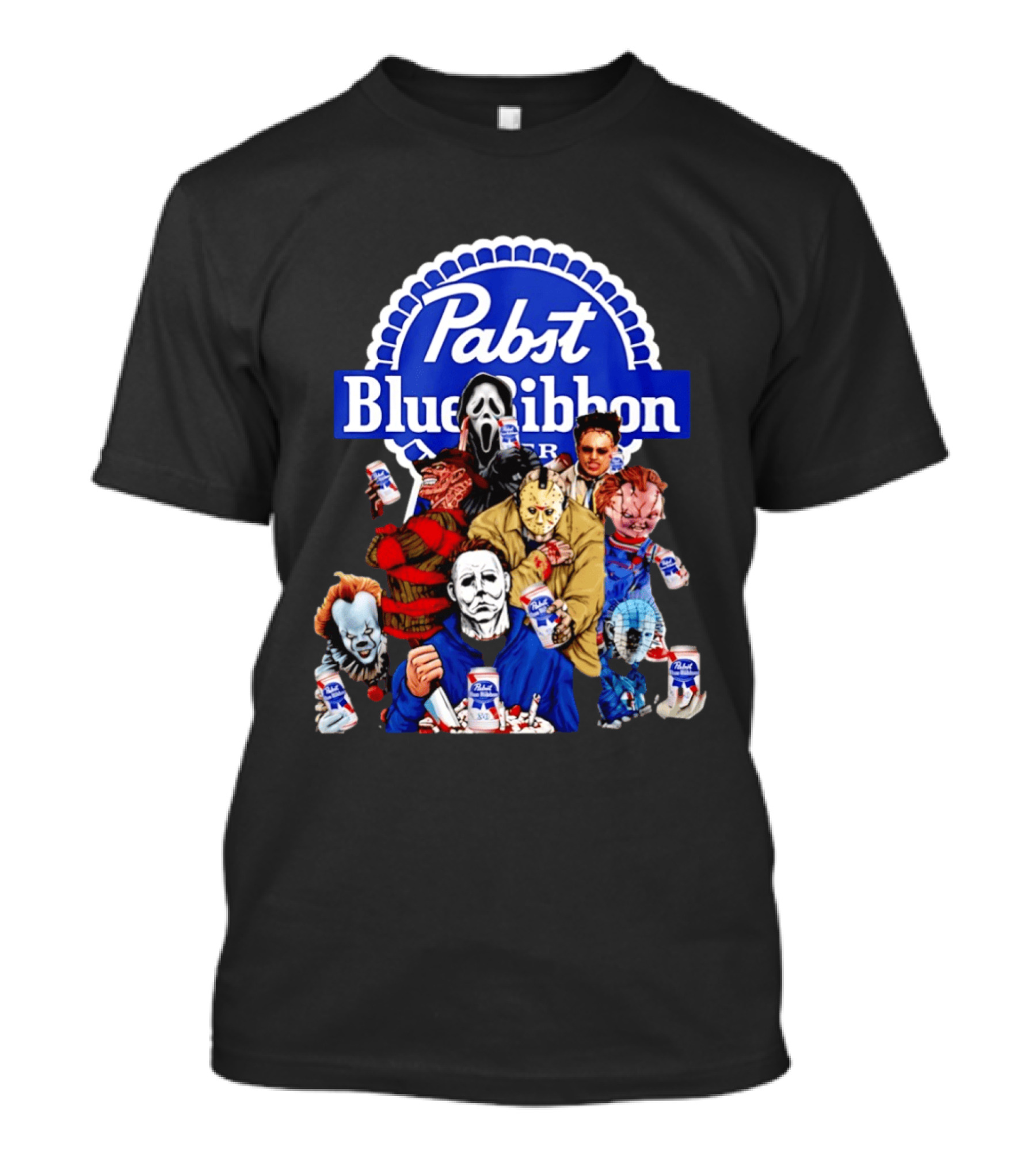Pabst Blue Ribbon Horror Movie Characters Drinking Beer T-Shirt