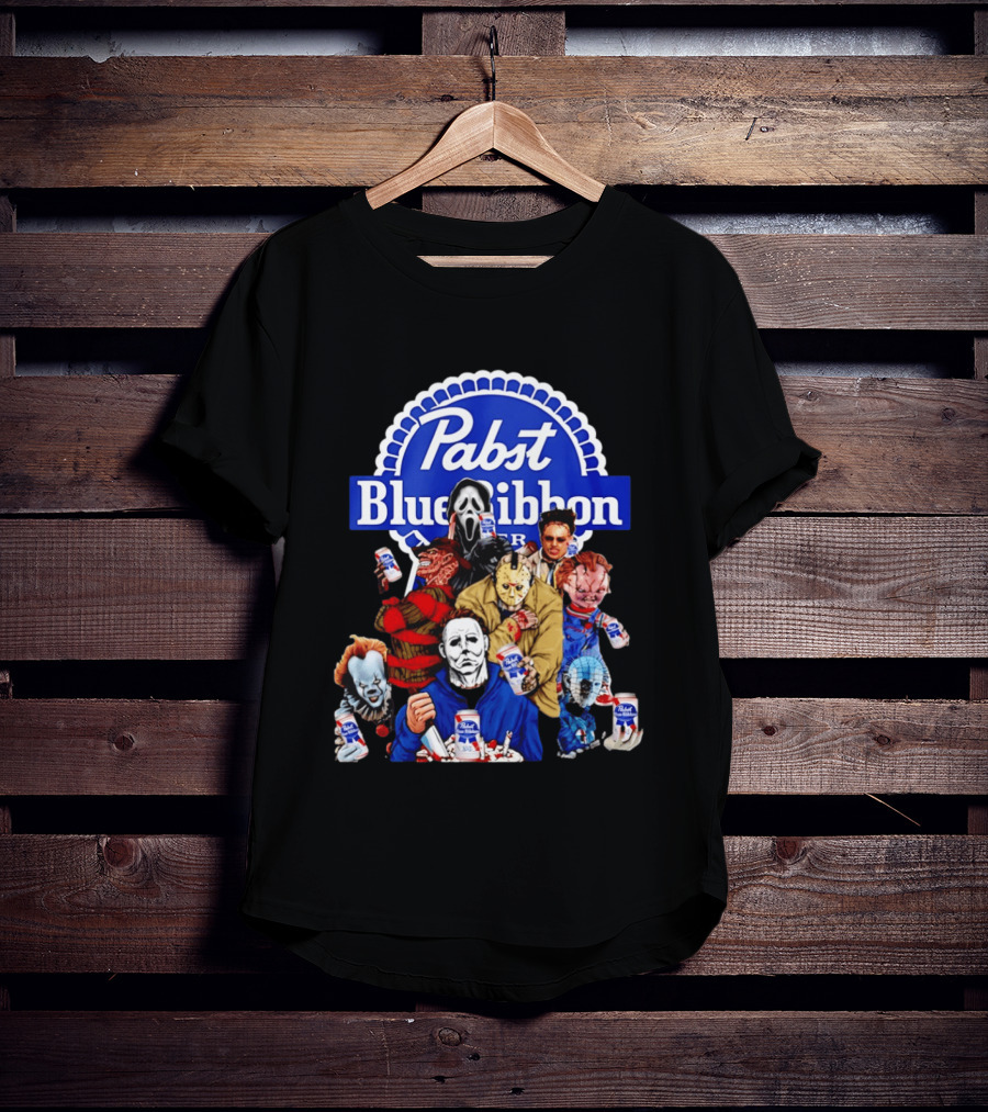 Pabst Blue Ribbon Horror Movie Characters Drinking Beer T-Shirt