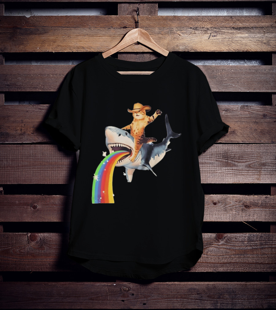 Cowboy Cat Riding Shark With Rainbow T-Shirt