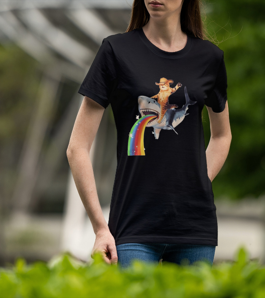 Cowboy Cat Riding Shark With Rainbow T-Shirt
