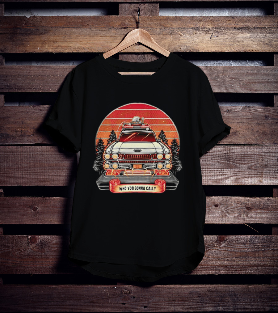 Ecto 1 Who You Gonna Call Ghostbusters Retro Sunset T-Shirt