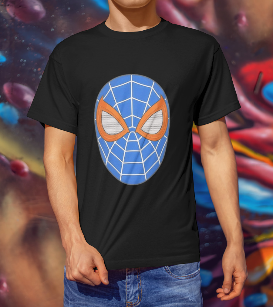 Spidey Spider Man Blue Mask With Orange Eyes And Web T-Shirt