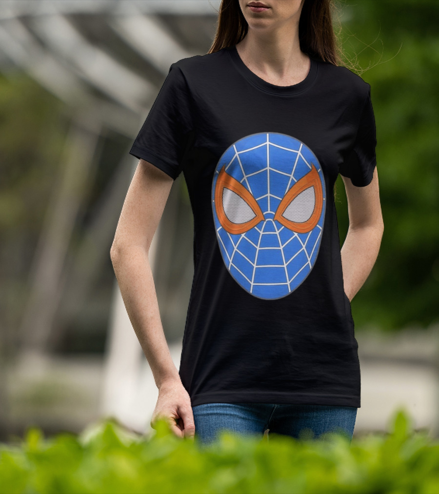 Spidey Spider Man Blue Mask With Orange Eyes And Web T-Shirt