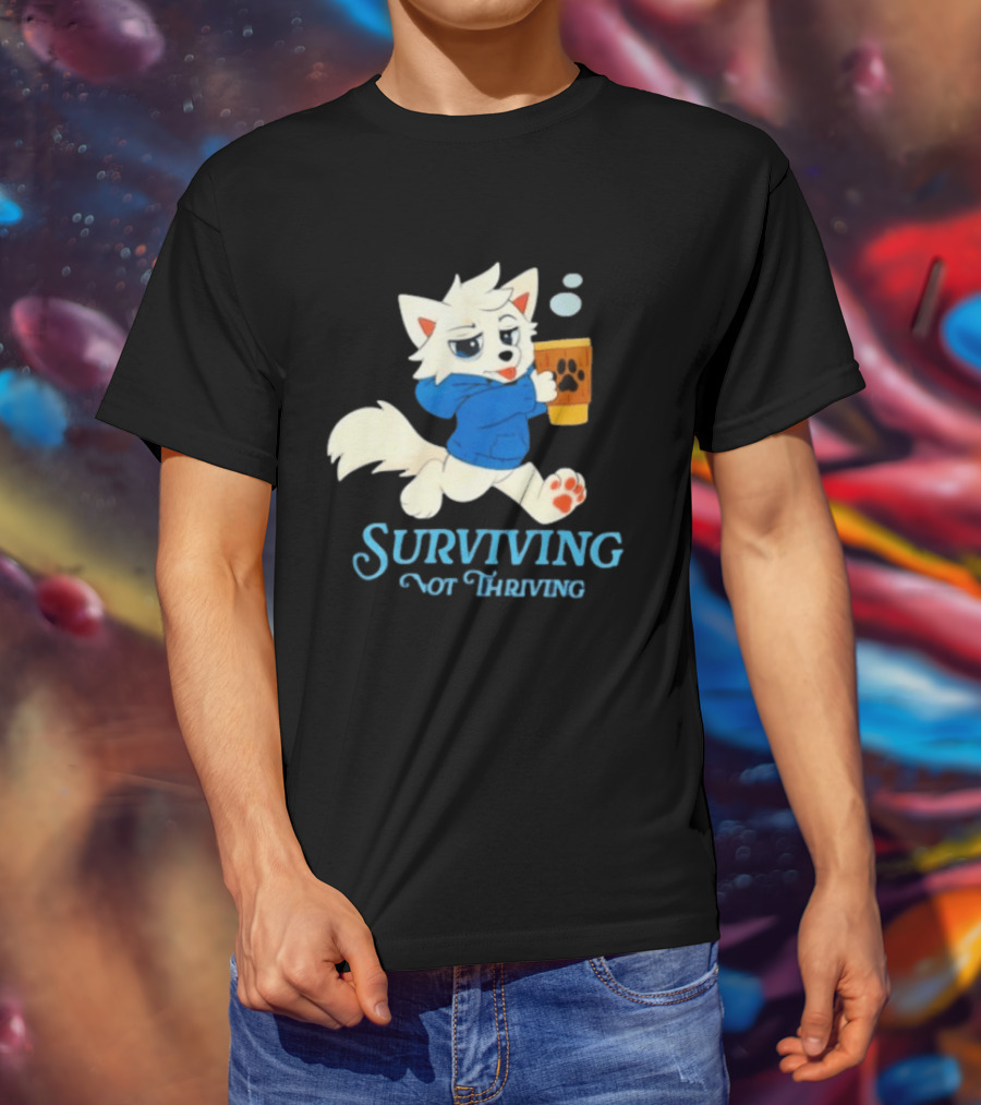 Surviving Not Thriving Cute Fox Coffee Paw Print T-Shirt