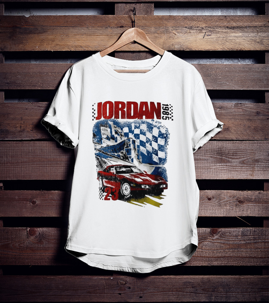 Jordan 23 Racing Brooklyn 1985 Checkered Red Sports Car Blue Flag T-Shirt