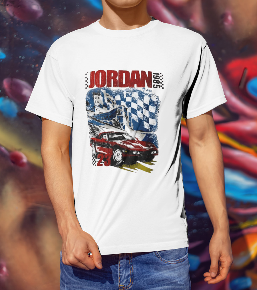 Jordan 23 Racing Brooklyn 1985 Checkered Red Sports Car Blue Flag T-Shirt