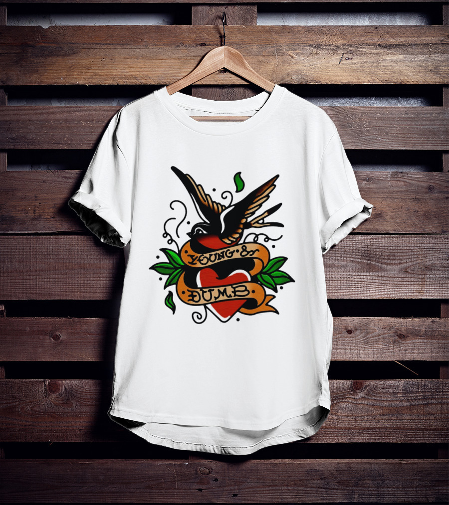 Young And Dumb Swallow Heart Tattoo Vintage Style With Banner And Leaves T-Shirt