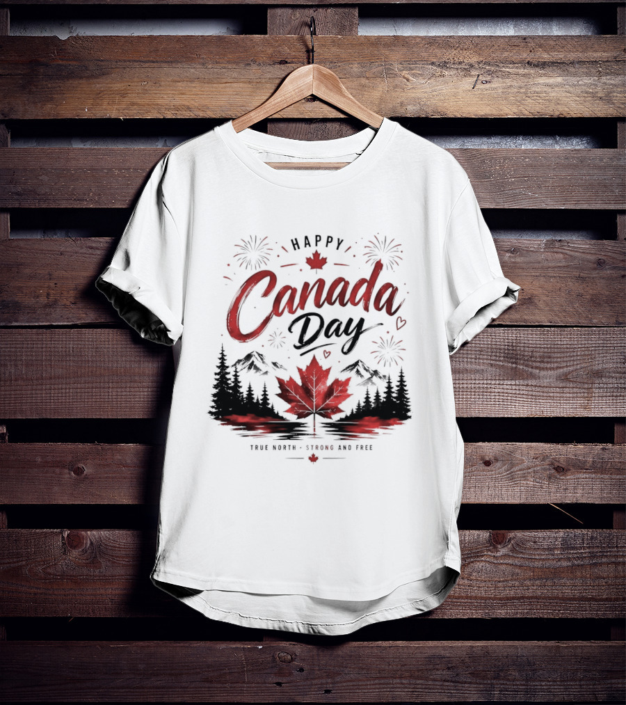 Happy Canada Day True North Strong And Free Maple Leaf Mountains Fireworks T-Shirt