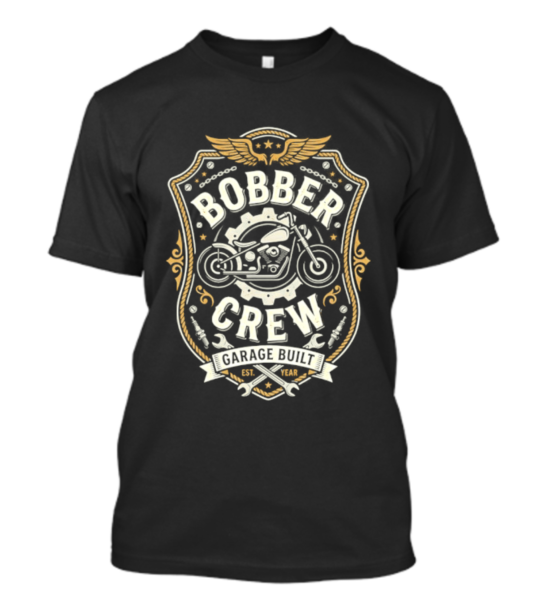 Bobber Crew Garage Built Motorcycle Biker Shield T-Shirt