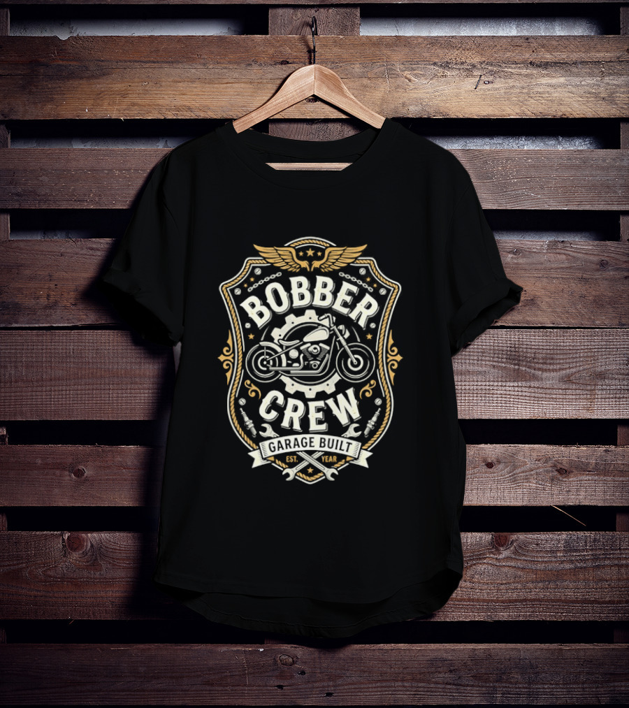 Bobber Crew Garage Built Motorcycle Biker Shield T-Shirt