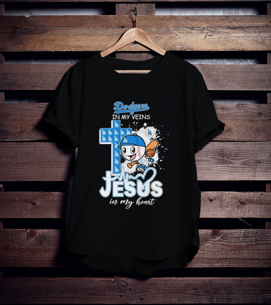 Los Angeles Dodgers In My Veins Jesus In My Heart LA Baseball Cross T-Shirt