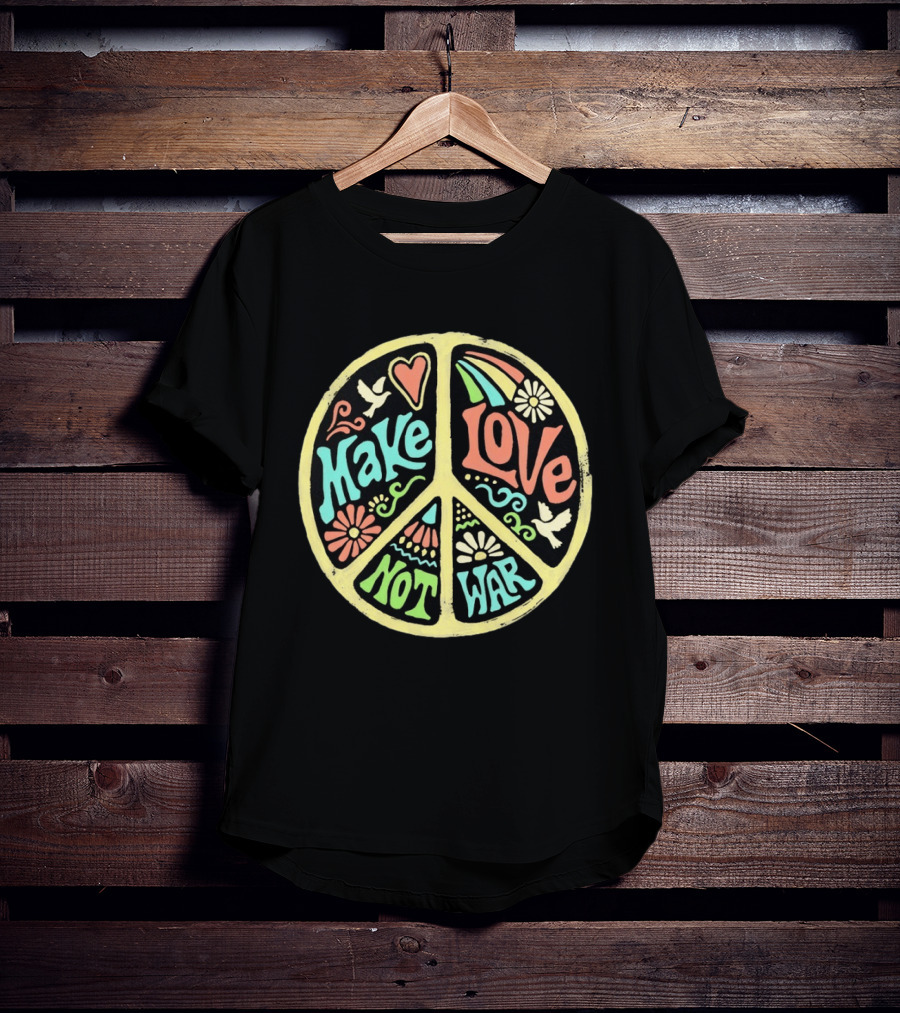 Make Love Not War Peace Sign Floral Rainbow Dove T-Shirt